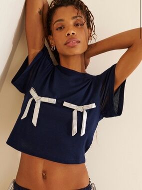 Nuuly Navy Crop Top with Silver Bow Accents size small